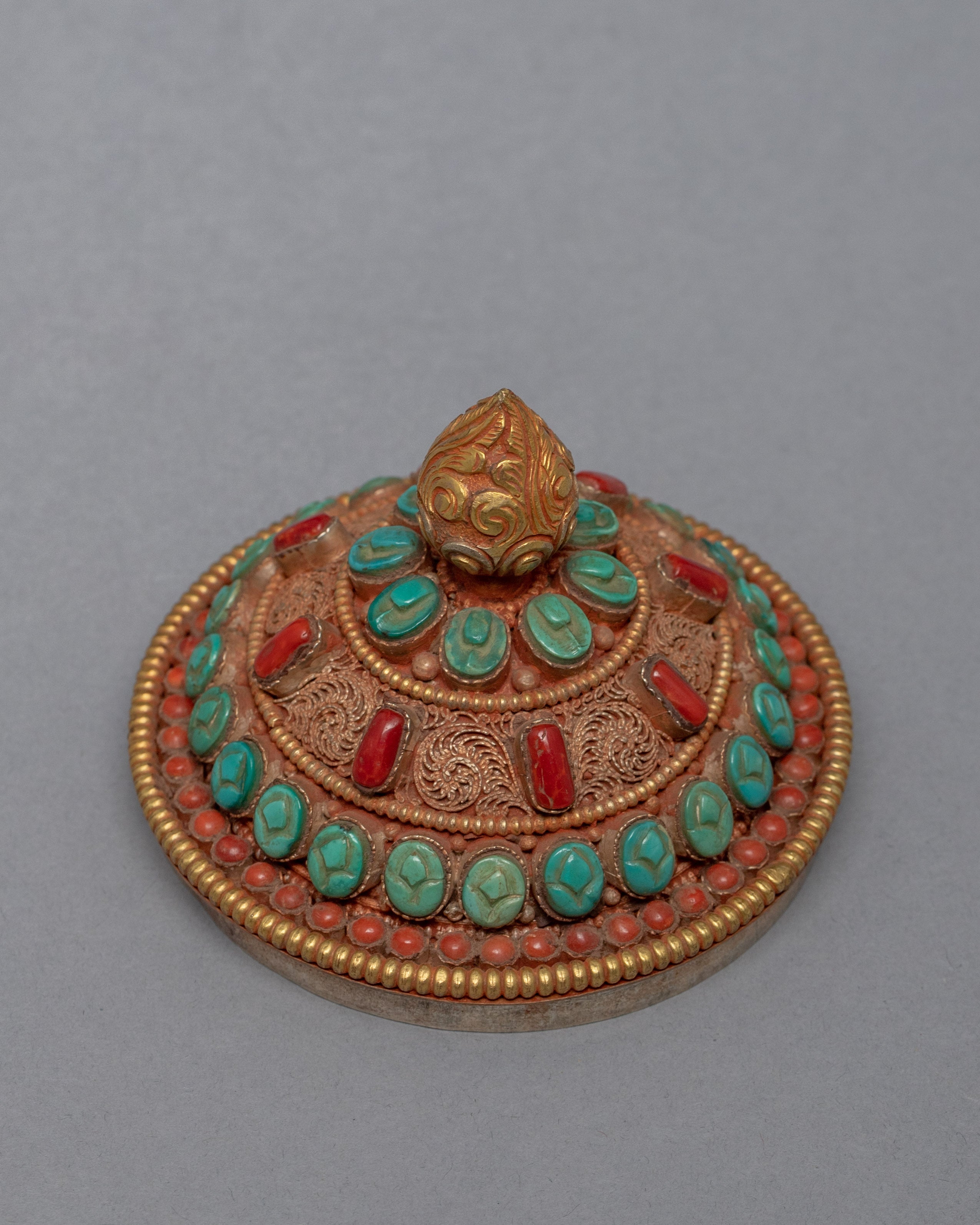 Gulpa Filigree Embed Turquoise, Red Coral, Lapis & Gem Stones | Buddhist Tank Jar