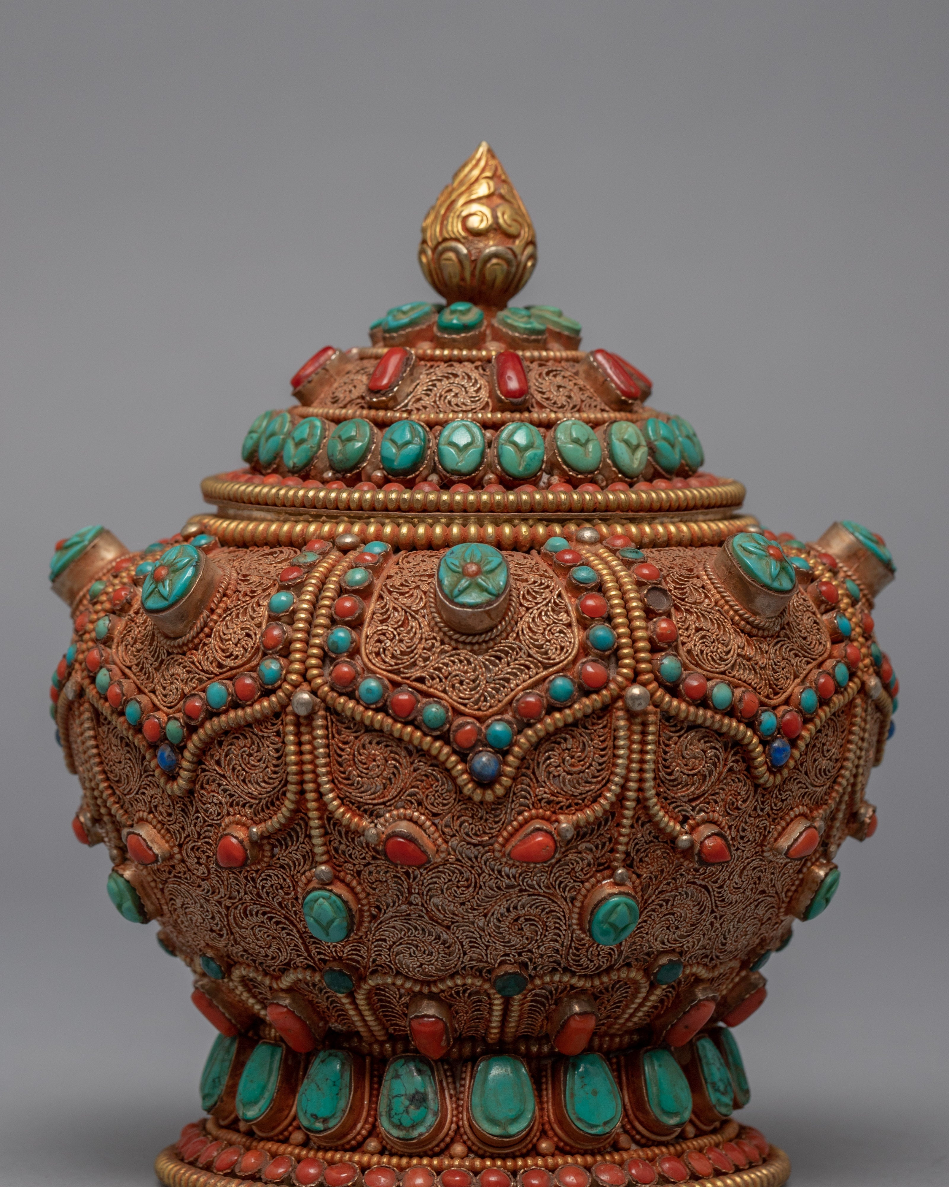 Gulpa Filigree Embed Turquoise, Red Coral, Lapis & Gem Stones | Buddhist Tank Jar