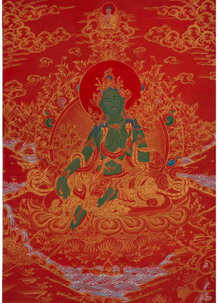 24K Gold Green Tara Thangka | Traditional Tibetan Painting | Wall Decors
