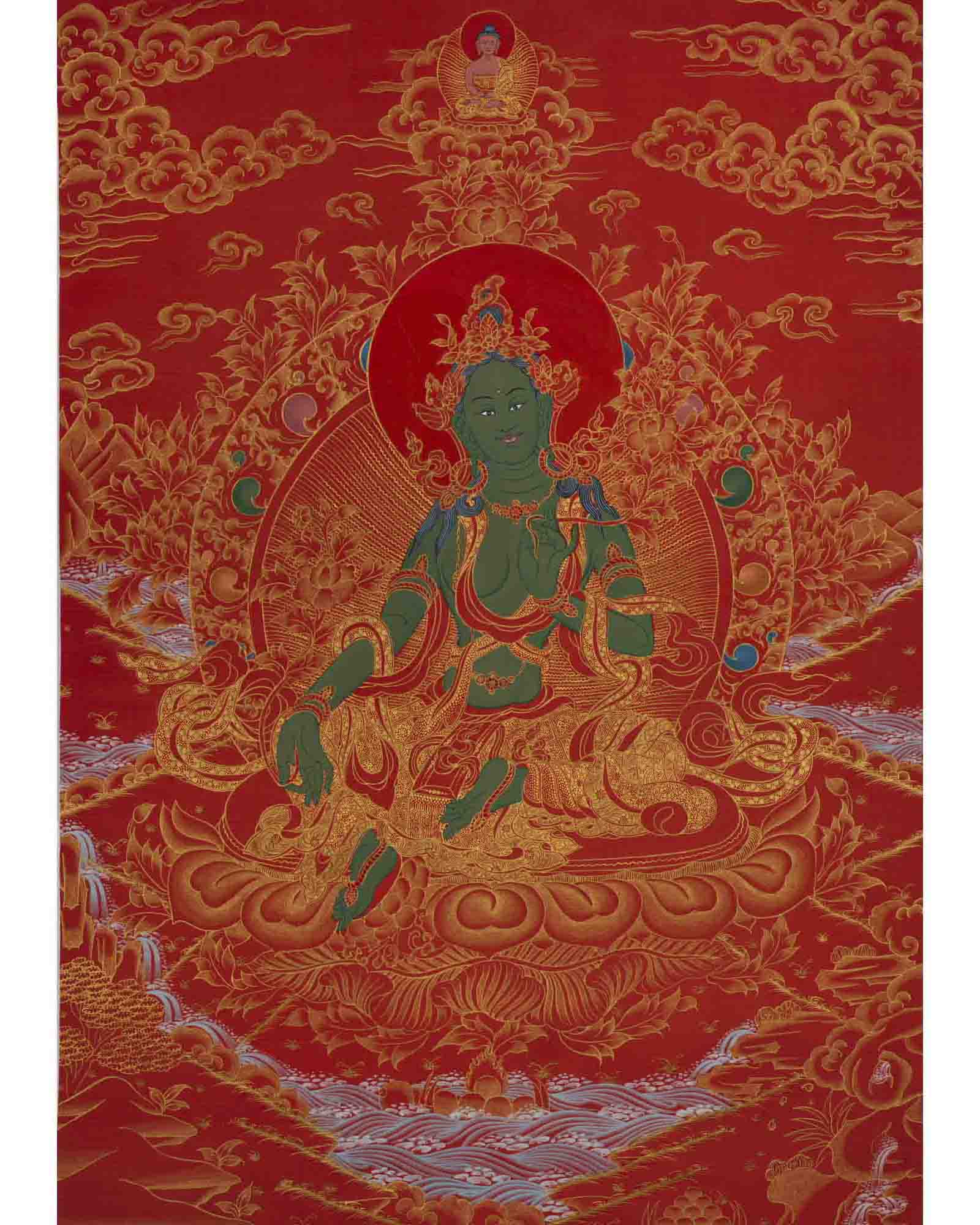 24K Gold Green Tara Thangka | Traditional Tibetan Painting | Wall Decors