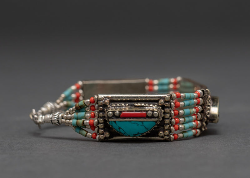 Tibetan Turquoise And Coral Bracelet | Himalayan Art