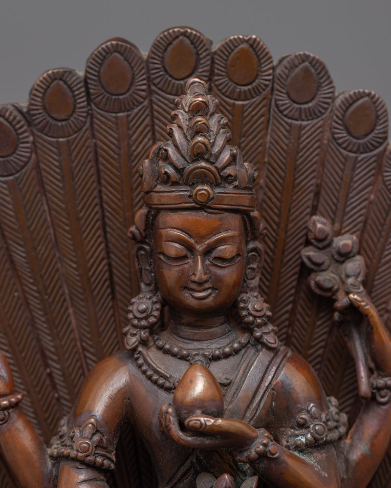 Traditional Copper Statue For Mahamayuri Mantra Practice | Tibetan Great Peacock Goddess Art