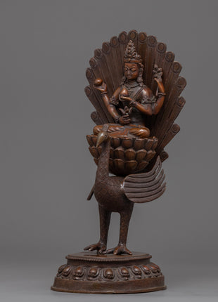 Traditional Copper Statue For Mahamayuri Mantra Practice | Tibetan Great Peacock Goddess Art