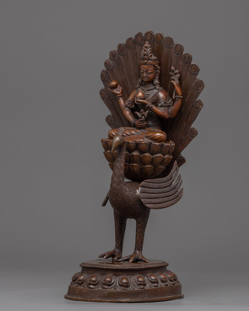 Traditional Copper Statue For Mahamayuri Mantra Practice | Tibetan Great Peacock Goddess Art
