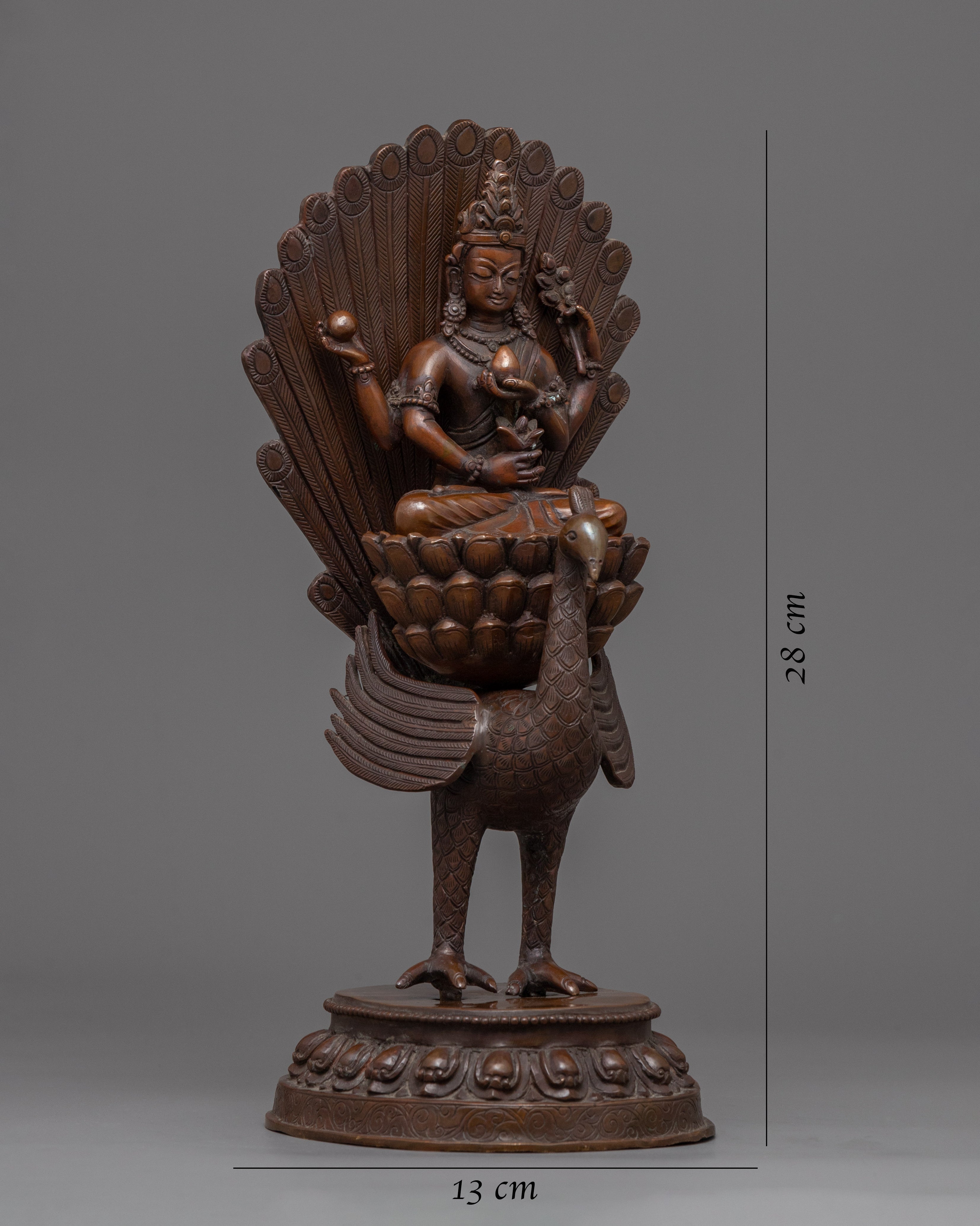 Traditional Copper Statue For Mahamayuri Mantra Practice | Tibetan Great Peacock Goddess Art