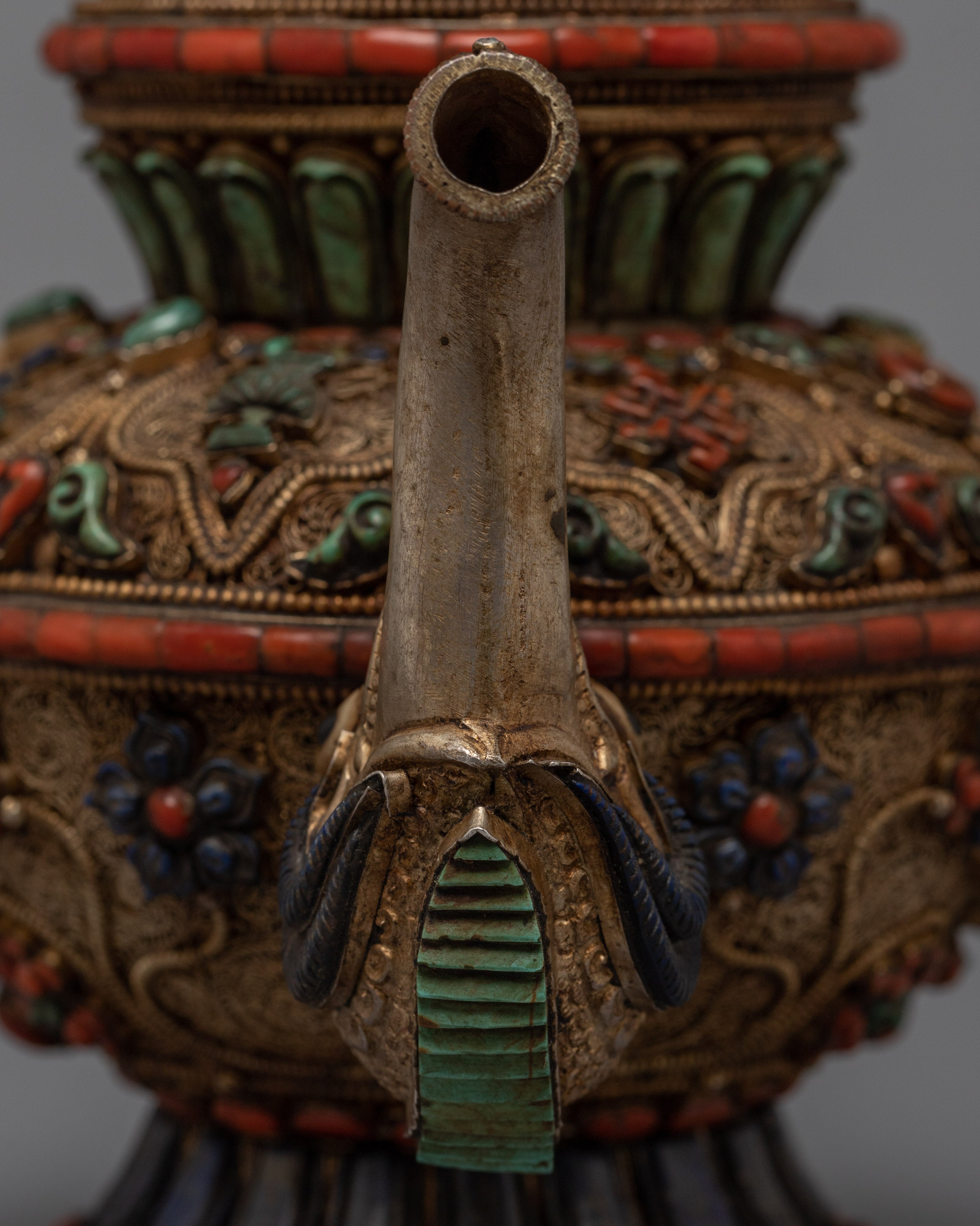 Buddhist Handcrafted Tea Pot for Home Decor | Gemstones Inlaid Tibetan Pot Art