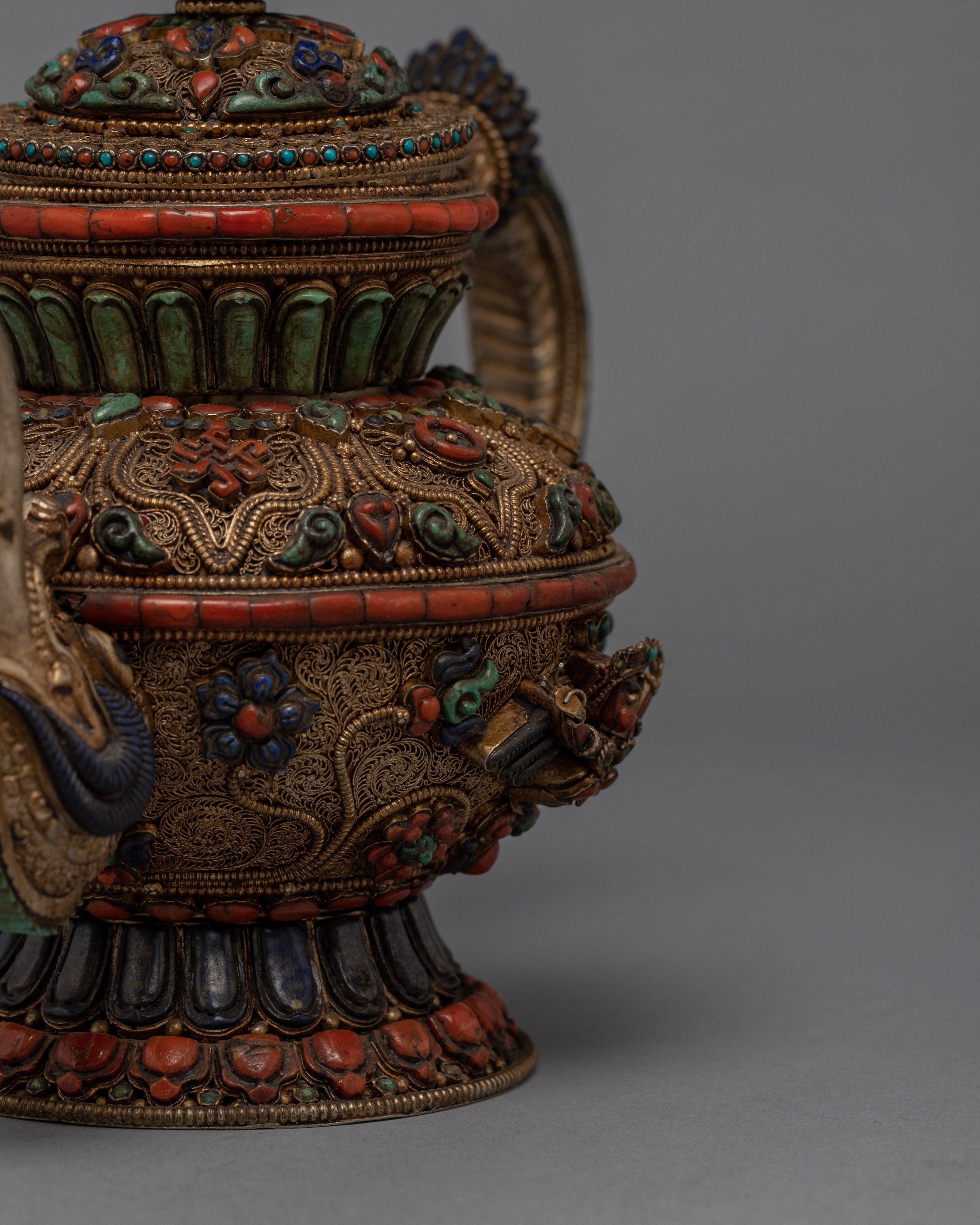 Buddhist Handcrafted Tea Pot for Home Decor | Gemstones Inlaid Tibetan Pot Art
