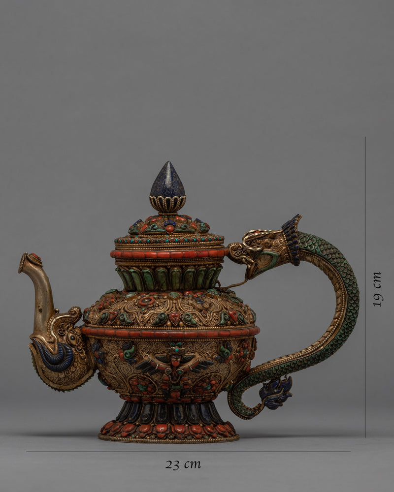 Buddhist Handcrafted Tea Pot for Home Decor | Gemstones Inlaid Tibetan Pot Art