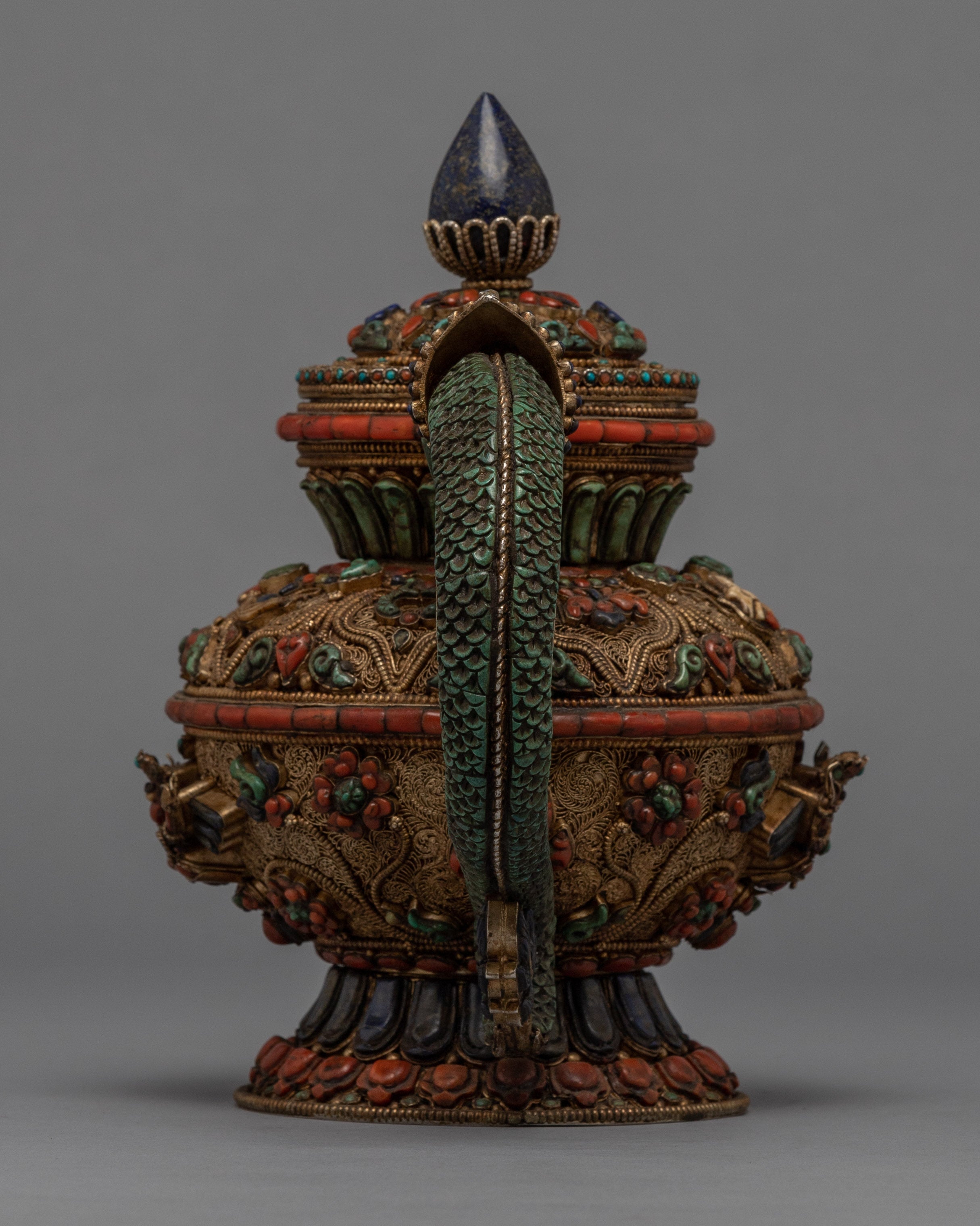 Buddhist Handcrafted Tea Pot for Home Decor | Gemstones Inlaid Tibetan Pot Art