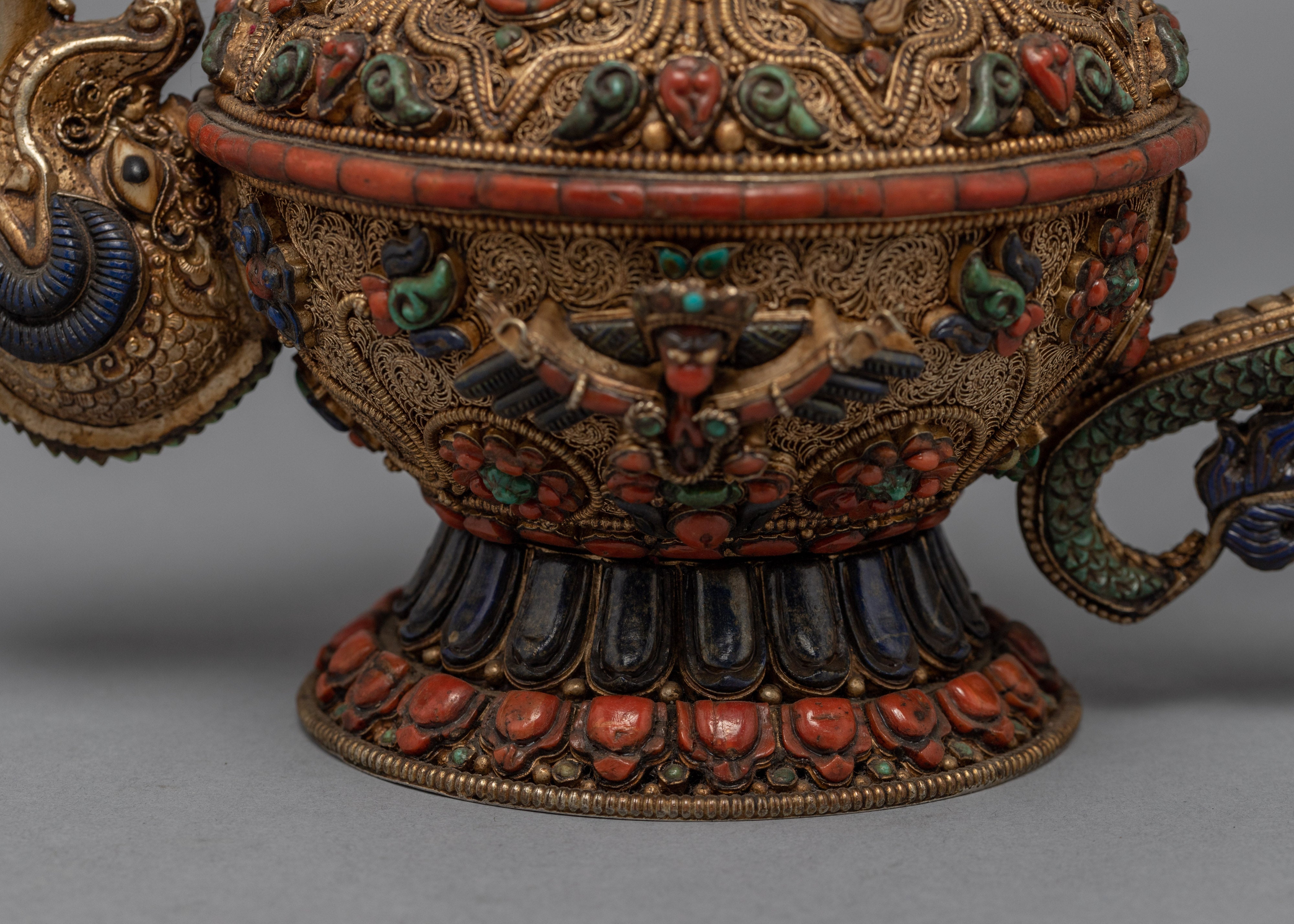 Buddhist Handcrafted Tea Pot for Home Decor | Gemstones Inlaid Tibetan Pot Art