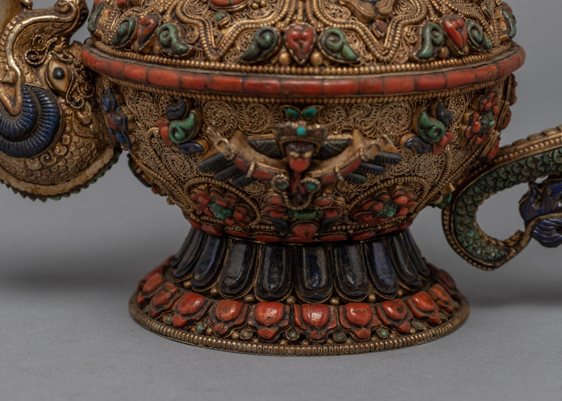 Buddhist Handcrafted Tea Pot for Home Decor | Gemstones Inlaid Tibetan Pot Art
