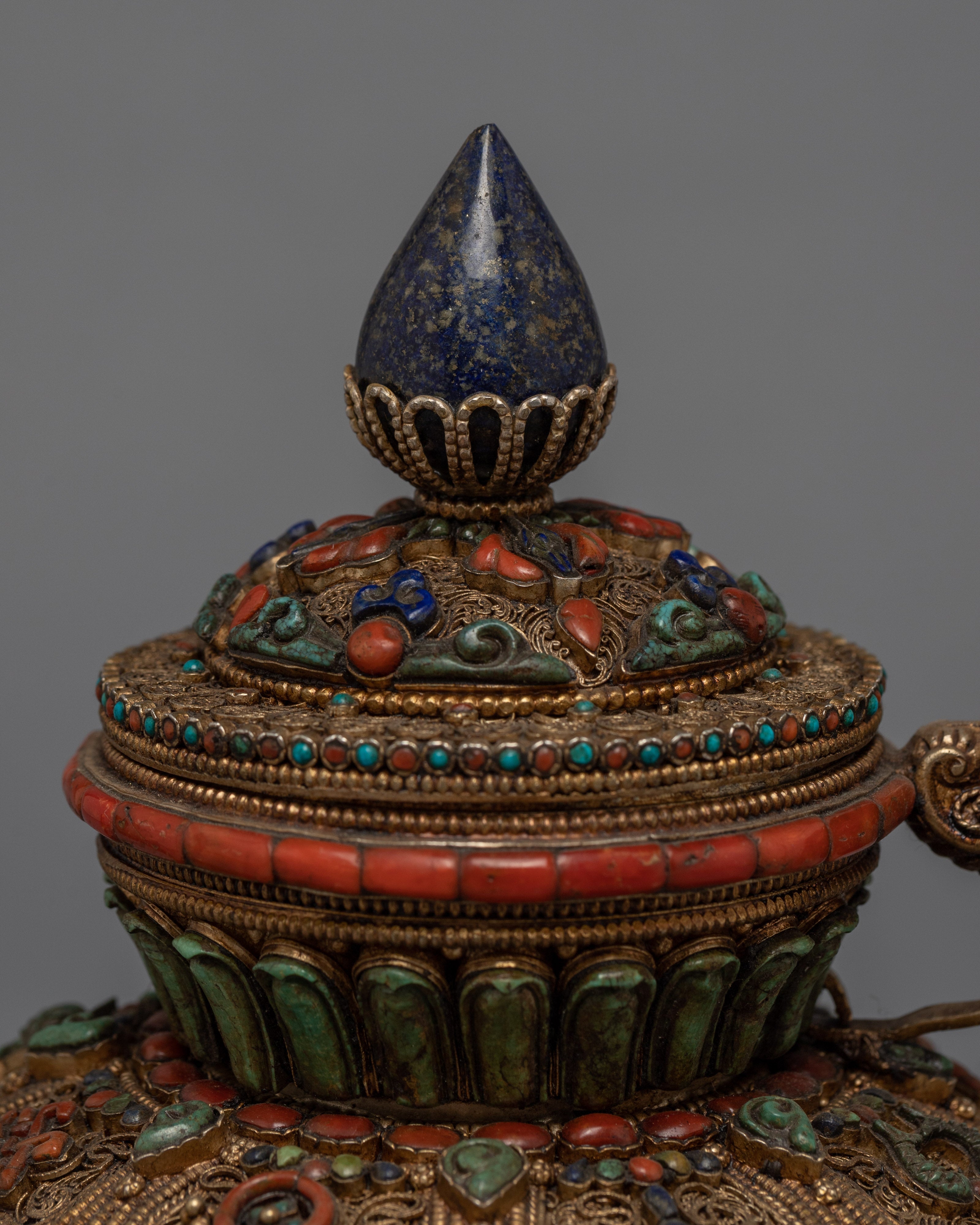 Buddhist Handcrafted Tea Pot for Home Decor | Gemstones Inlaid Tibetan Pot Art