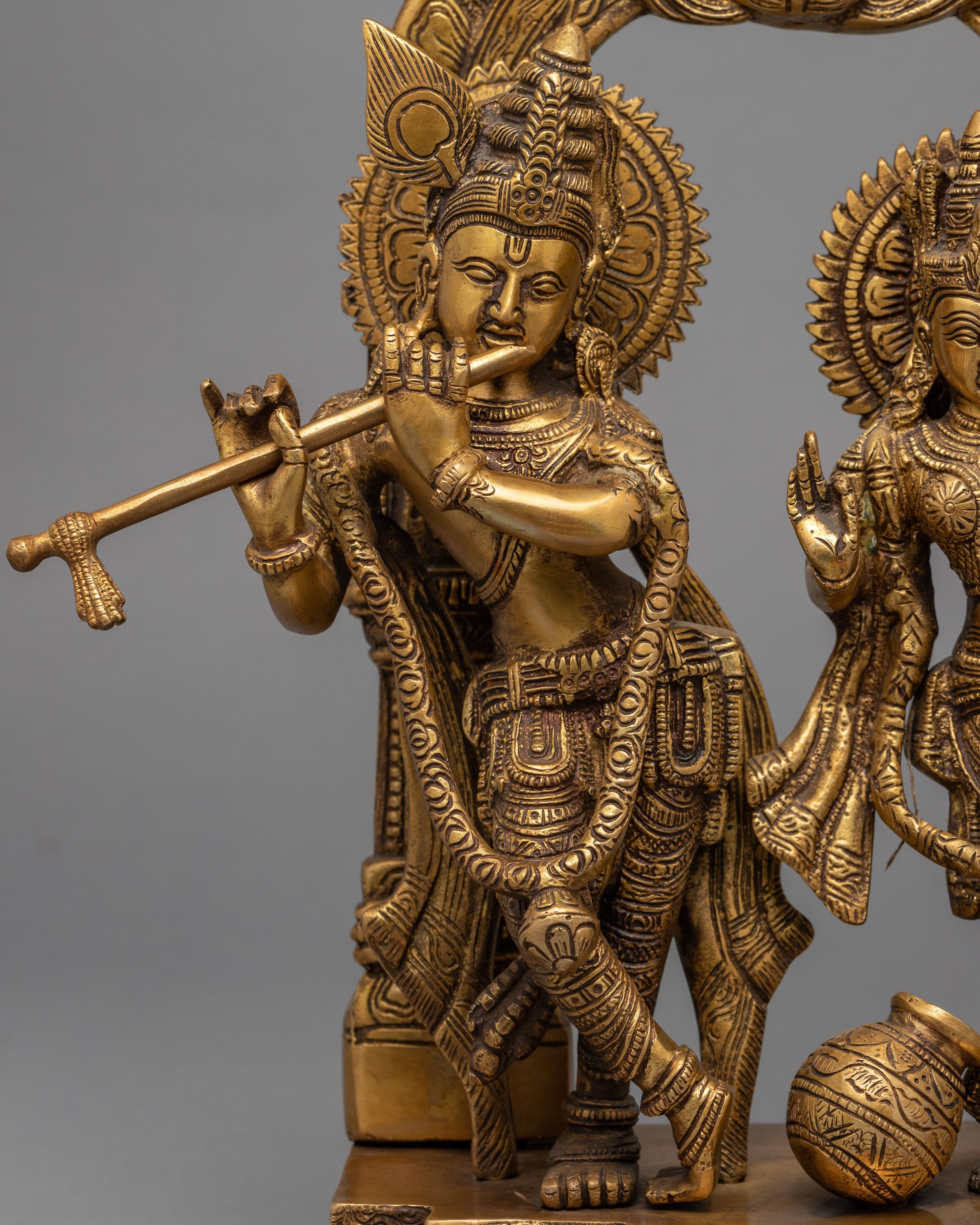 Traditional Radha And Krishna Gold Statue For Rituals | Hindu Deity Brass Figure