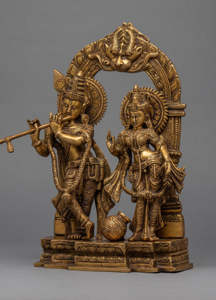Traditional Radha And Krishna Gold Statue For Rituals | Hindu Deity Brass Figure