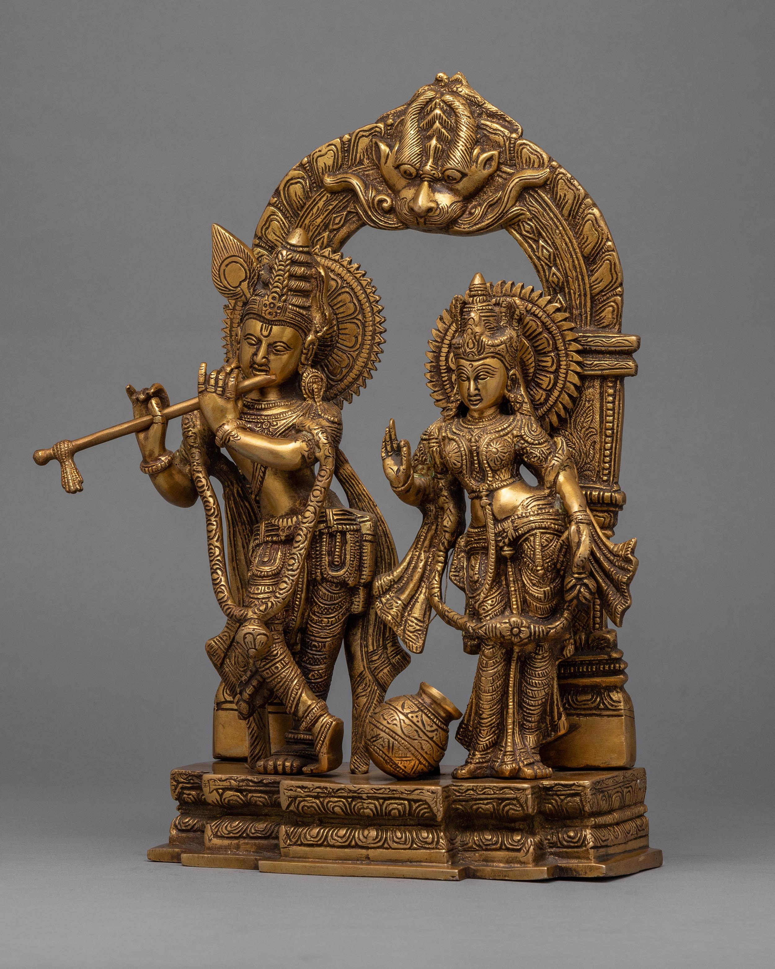 Traditional Radha And Krishna Gold Statue For Rituals | Hindu Deity Brass Figure