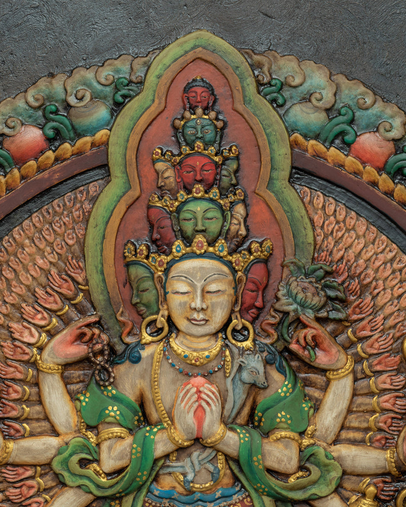 1000 Armed Chenrezig Mantra Practice Wooden Thangka | Traditional Tibetan Wooden Art For Meditation