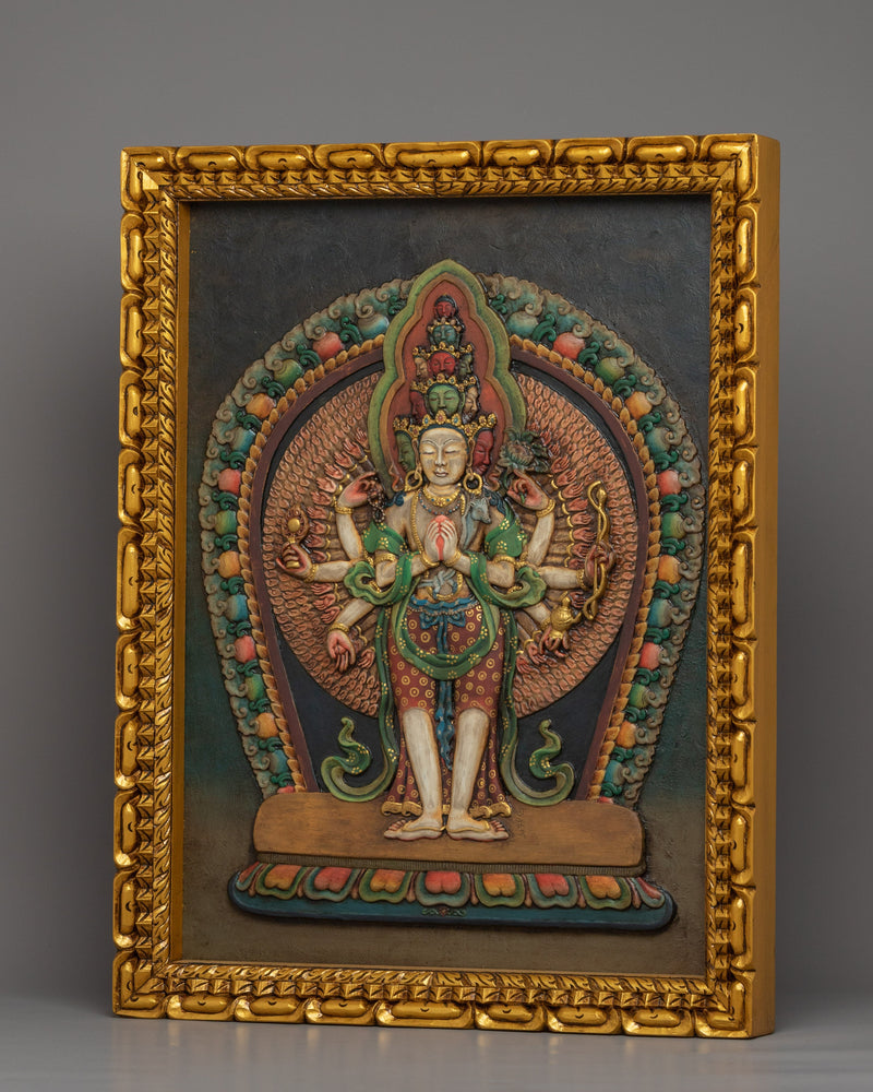 1000 Armed Chenrezig Mantra Practice Wooden Thangka | Traditional Tibetan Wooden Art For Meditation