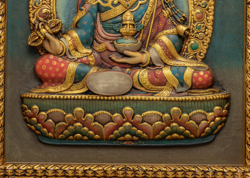 Wooden Thangka For Guru Rinpoche Mantra Practice | Fine Engraving Buddhist Master Thangka