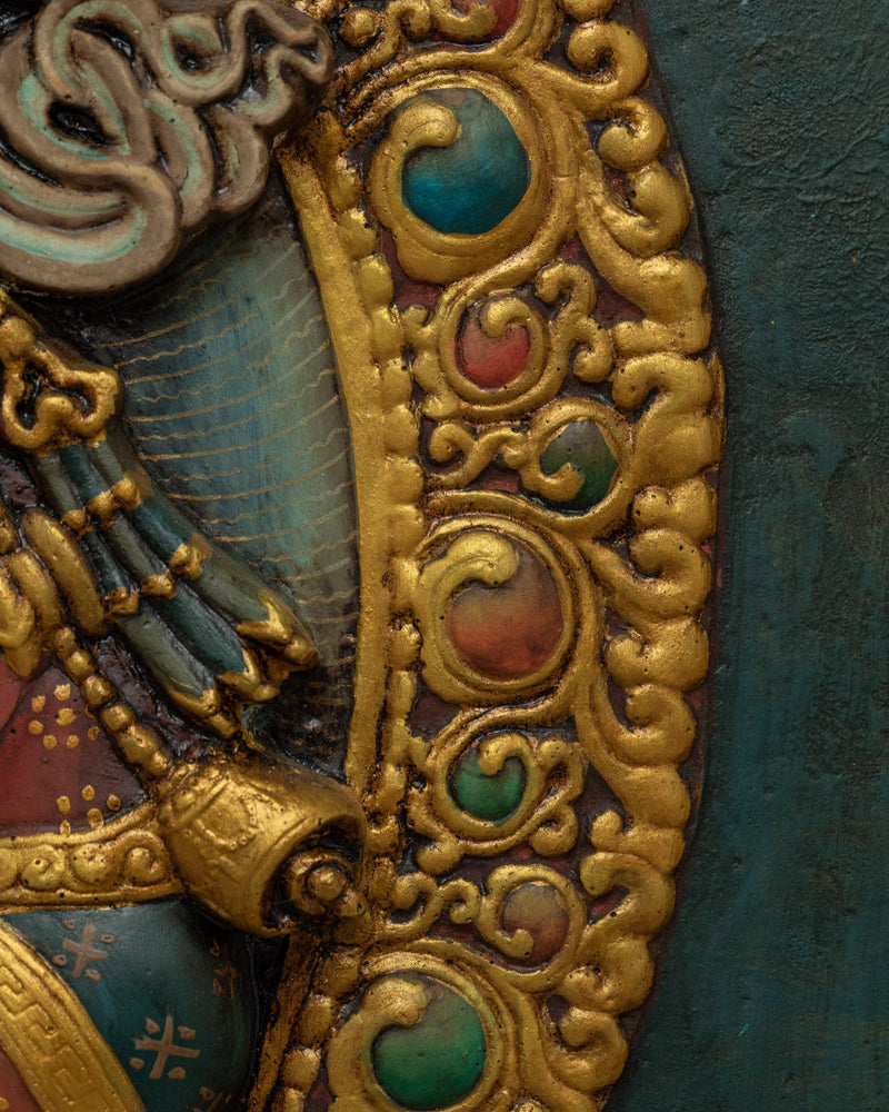 Wooden Thangka For Guru Rinpoche Mantra Practice | Fine Engraving Buddhist Master Thangka