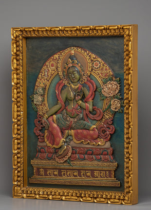 Tibetan Green Tara Wooden Thanka | Himalayan Art