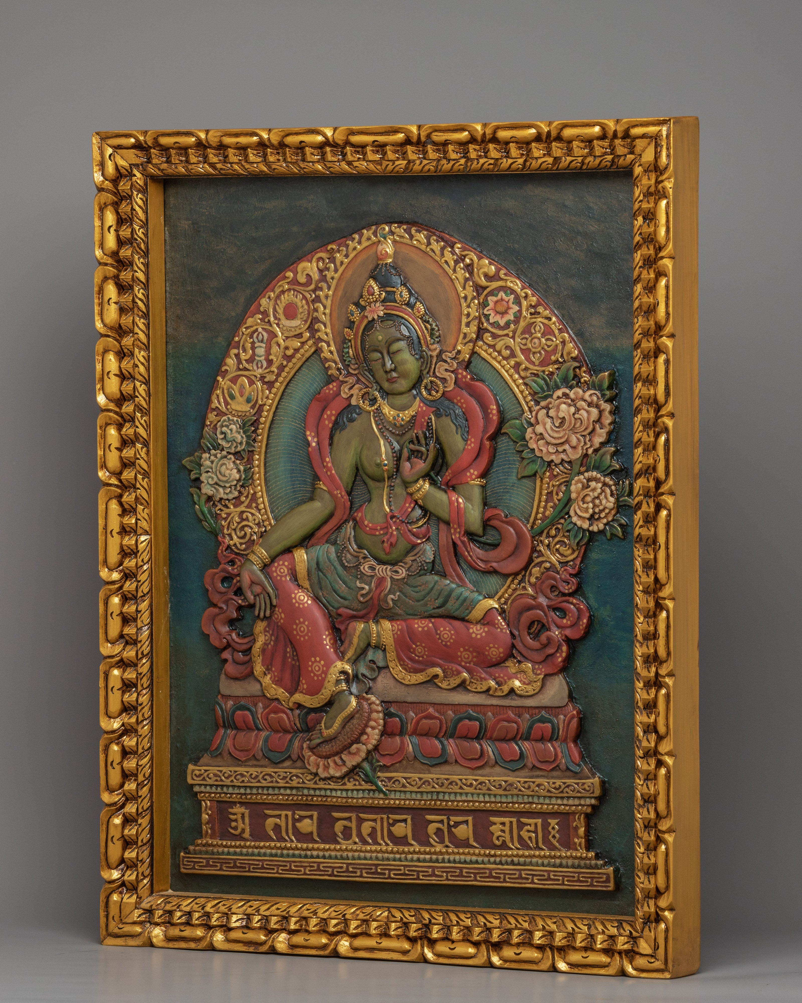 Tibetan Green Tara Wooden Thanka | Himalayan Art
