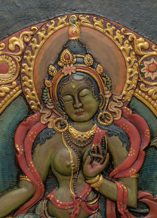 Tibetan Green Tara Wooden Thanka | Himalayan Art