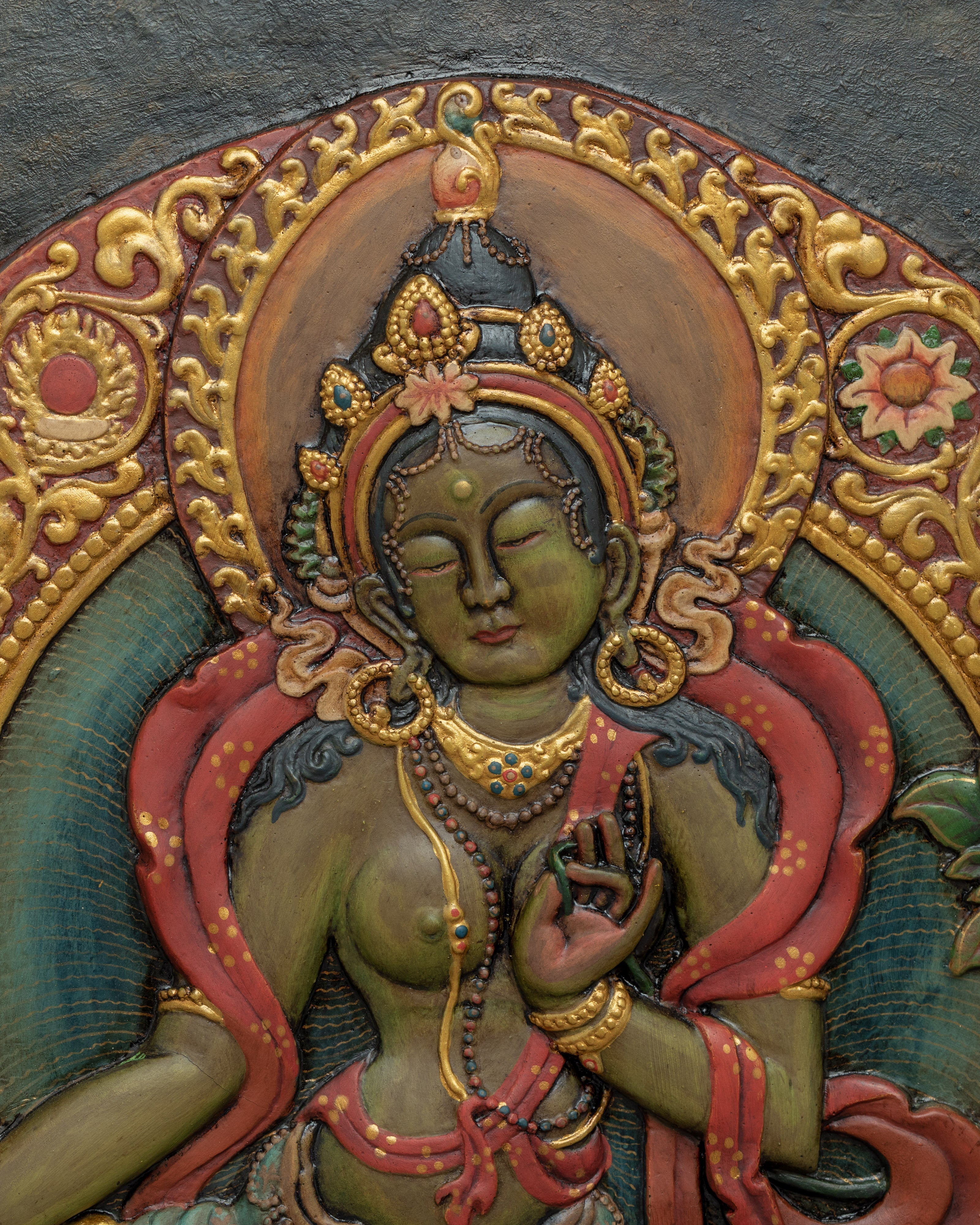 Tibetan Green Tara Wooden Thanka | Himalayan Art
