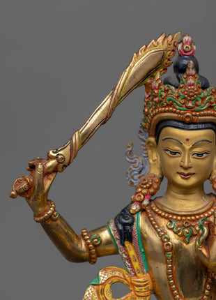 Wisdom Deity Manjushri Bodhisattva Statue | Traditional Gold-Plated Himalayan Artwork For Mindfulness