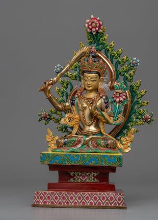 Wisdom Deity Manjushri Bodhisattva Statue | Traditional Gold-Plated Himalayan Artwork For Mindfulness