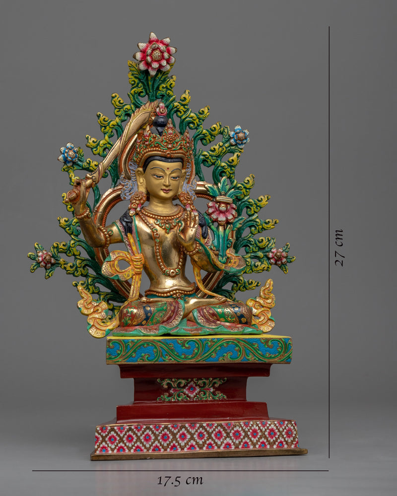 Wisdom Deity Manjushri Bodhisattva Statue | Traditional Gold-Plated Himalayan Artwork For Mindfulness