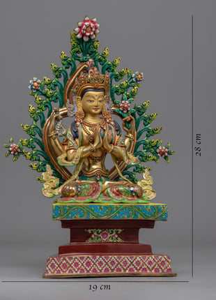 Traditional Himalayan Chenrezig Avalokiteshvara Gold Statue | The Bodhisattva Of Compassion in Buddhism