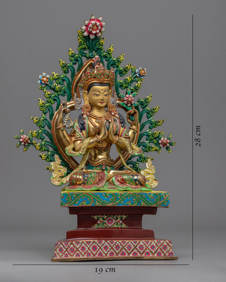 Traditional Himalayan Chenrezig Avalokiteshvara Gold Statue | The Bodhisattva Of Compassion in Buddhism
