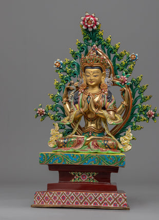 Traditional Himalayan Chenrezig Avalokiteshvara Gold Statue | The Bodhisattva Of Compassion in Buddhism