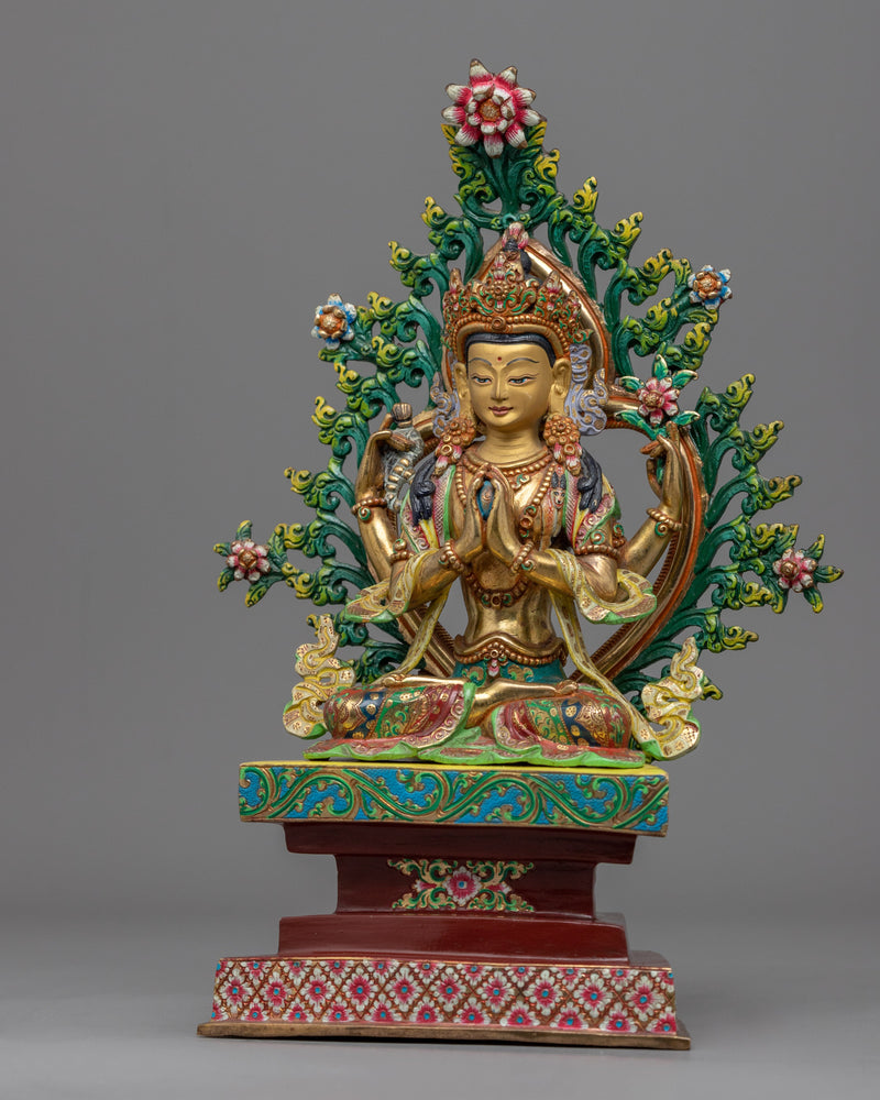 Traditional Himalayan Chenrezig Avalokiteshvara Gold Statue | The Bodhisattva Of Compassion in Buddhism