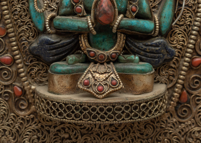 Handmade Chenresig Ghau Prayer Box | Gemstones Inlaid Chenrezig Handcrafted Ghau Meditation Box