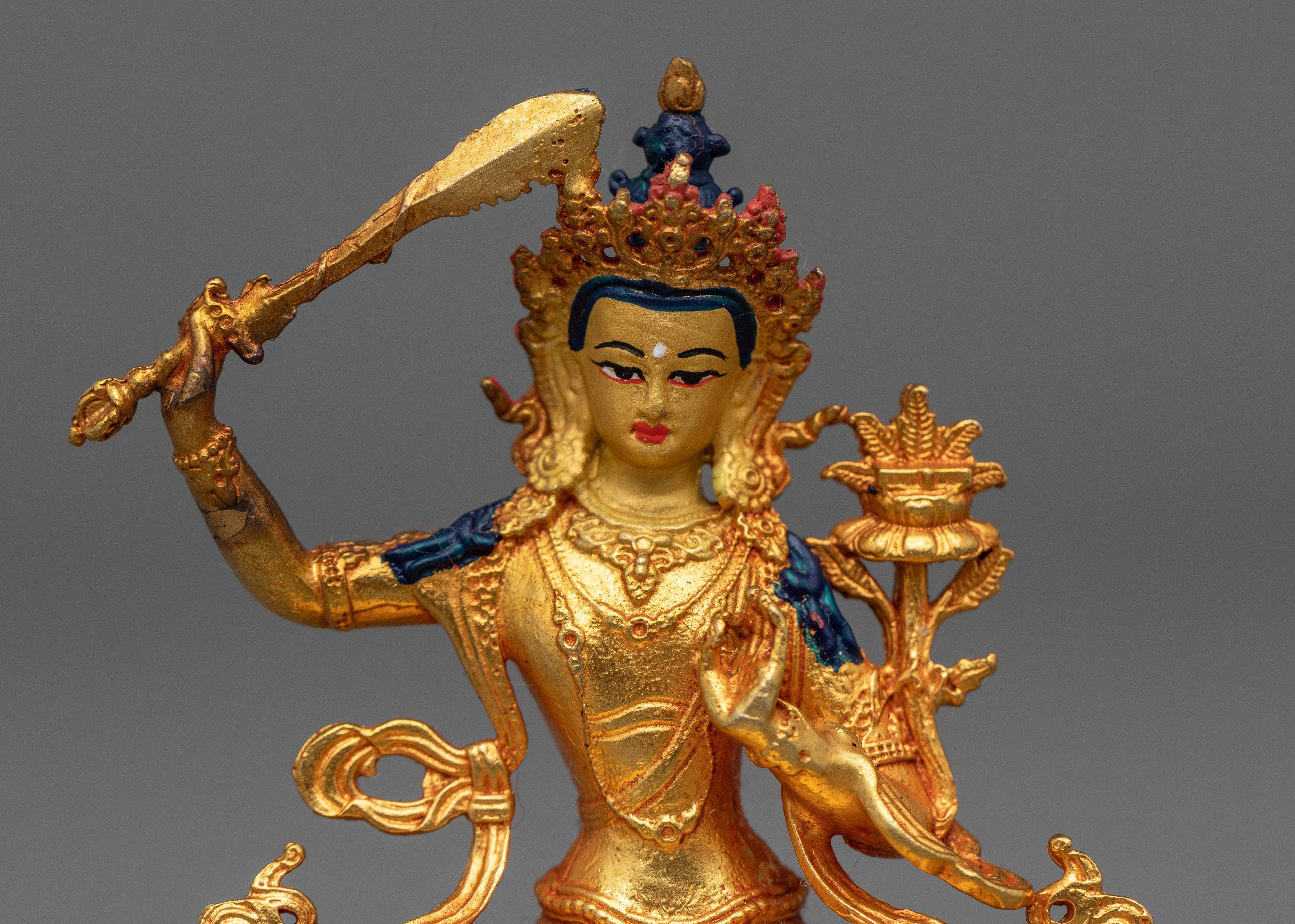 Machine-Made Manjushri Bodhisattva Statue | Buddhist Gold Gilded Copper Statue