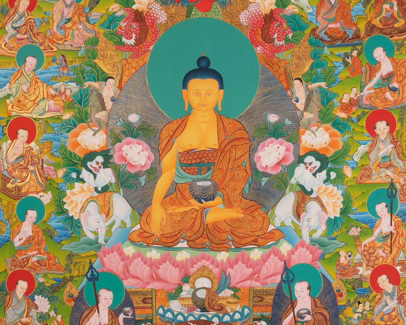 Shakyamuni Buddha 16 Arhats Thangka Painting | Sacred Art for Daily Practice