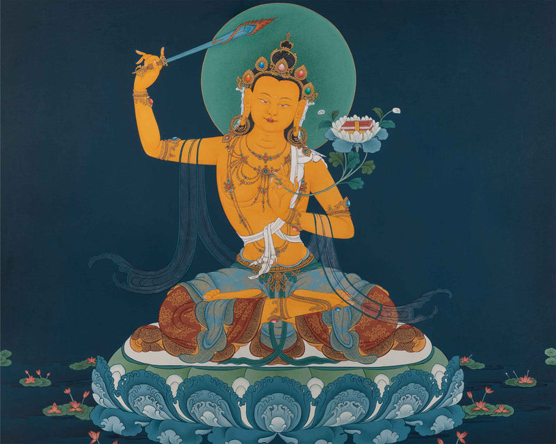 The Radiant Manjushri Thangka Print | The Bodhisattva of Wisdom Canvas Print | Buddhist Art |