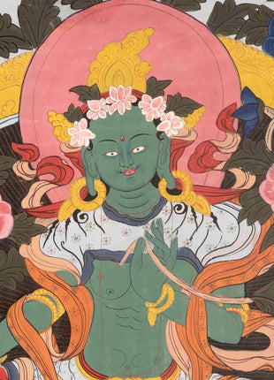 Rare Green Tara Thangka  | Vintage Tibetan Wall Decor