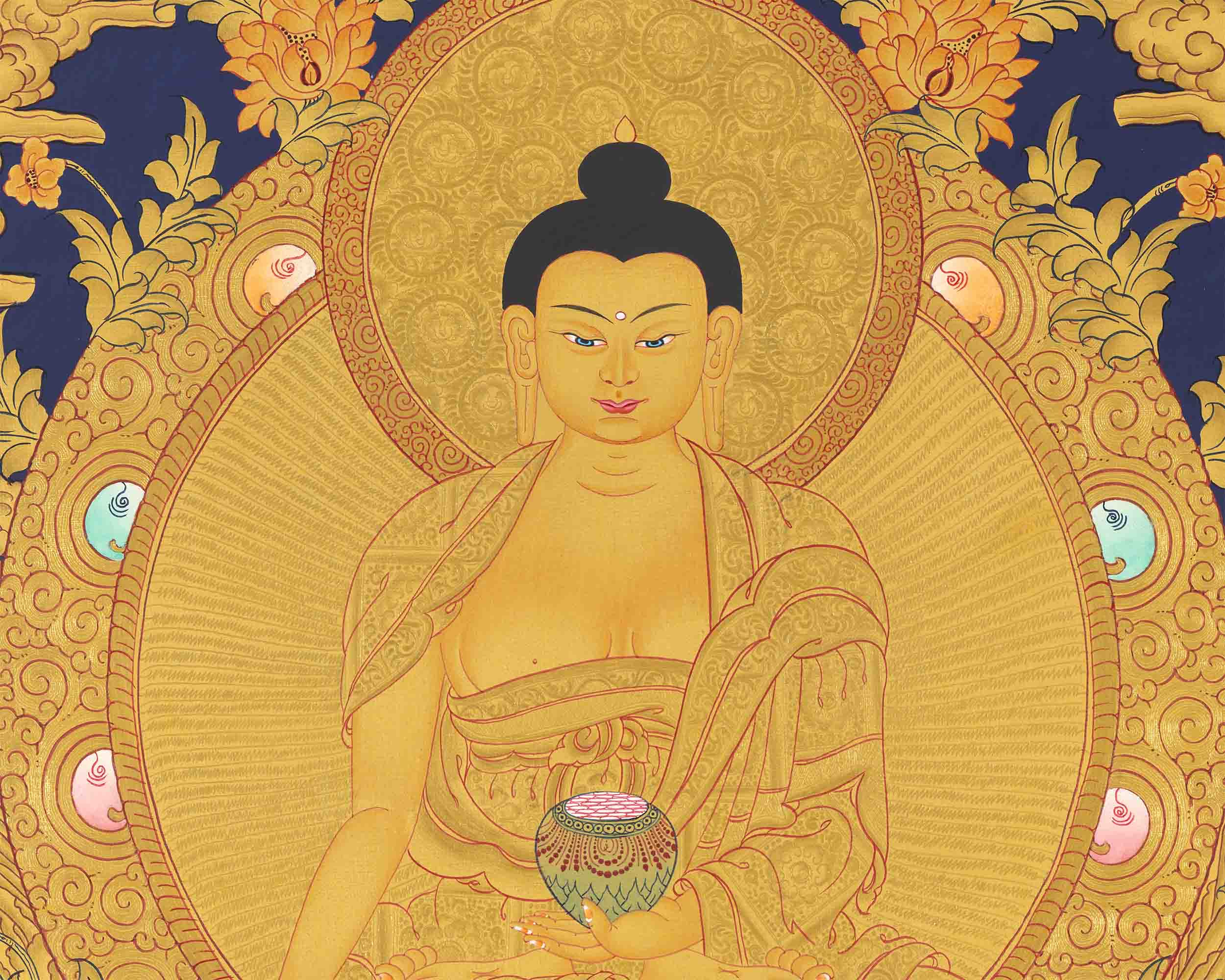 Shakyamuni Buddha Gold Thangka | Religious Tibetan Paint | Wall Decors