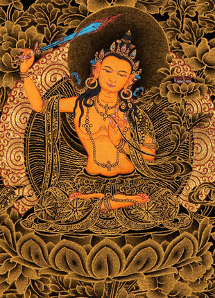 Wisdom Deity Manjushri Thangka | Tibetan Bodhisattva Art in Small Size