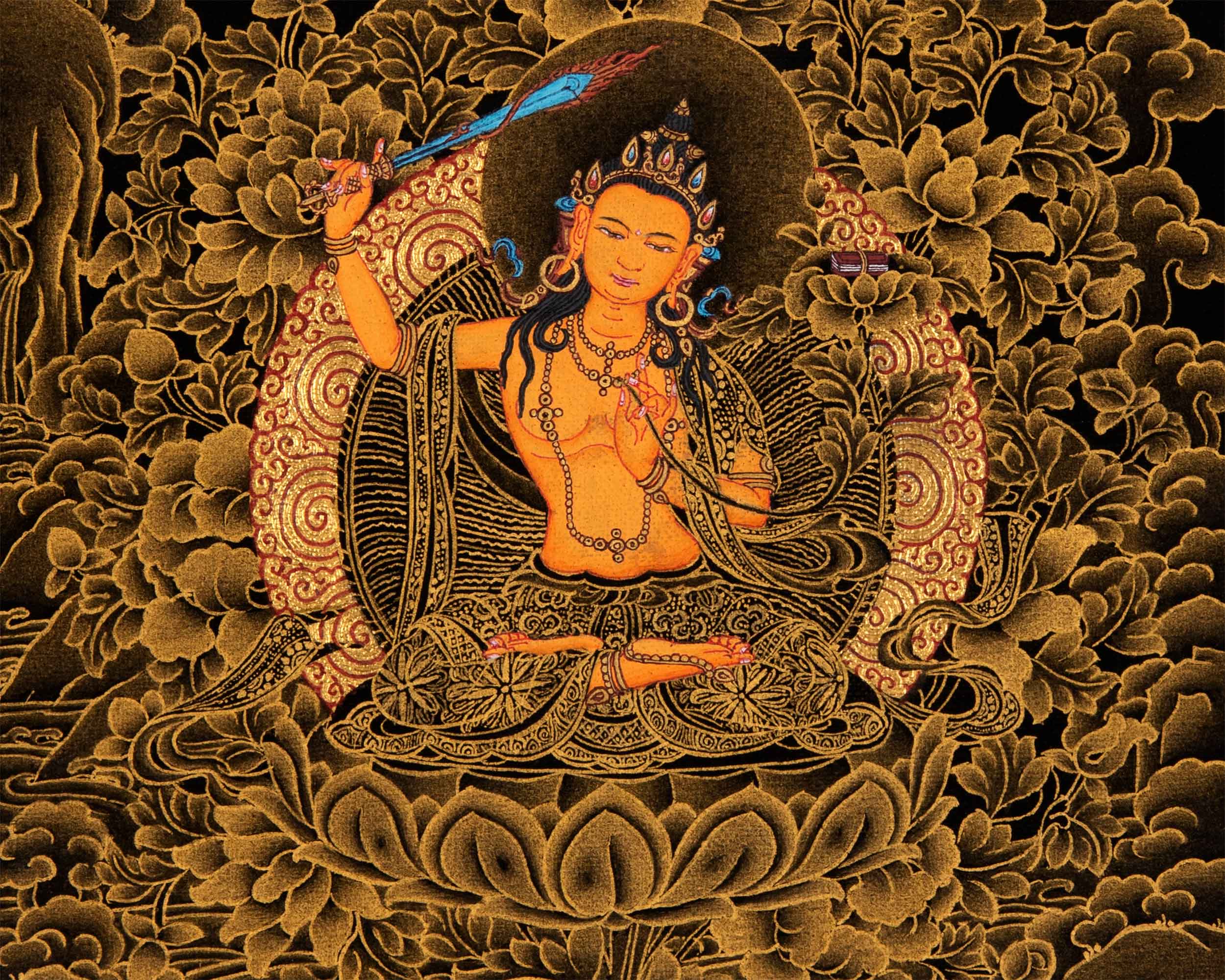 Wisdom Deity Manjushri Thangka | Tibetan Bodhisattva Art in Small Size