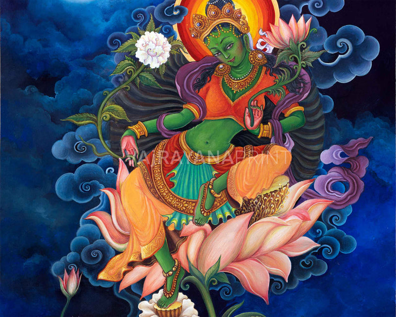 Green Tara The Female Buddha Digital Pauba Print | Mother Tara, The Deity Of Compassion Art For Room Decoration