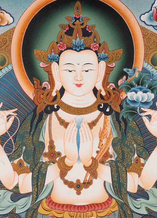 Handpainted Avalokiteshvara Chengrezig  | Yoga Meditation Canvas Art