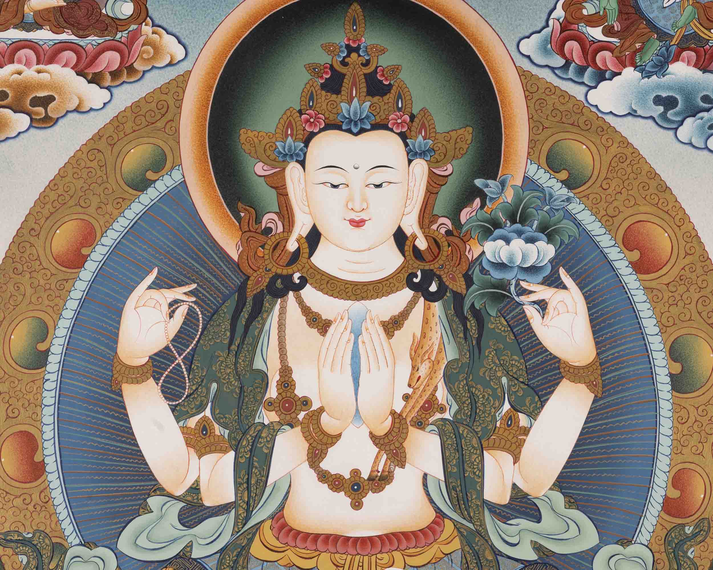Handpainted Avalokiteshvara Chengrezig  | Yoga Meditation Canvas Art