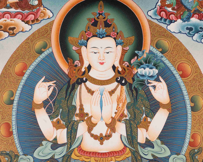 Handpainted Avalokiteshvara Chengrezig  | Yoga Meditation Canvas Art