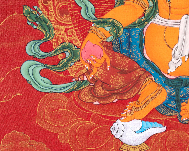 Jambala Thangka | Dzambhala Painting | Hand-painted Buddhist Wealth Deity | Red And Gold