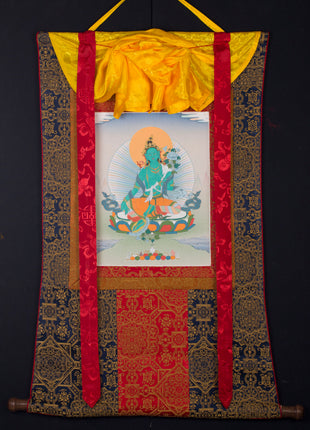 Green Tara Brocade Thangka | Female Bodhisattva | Awakened Buddha