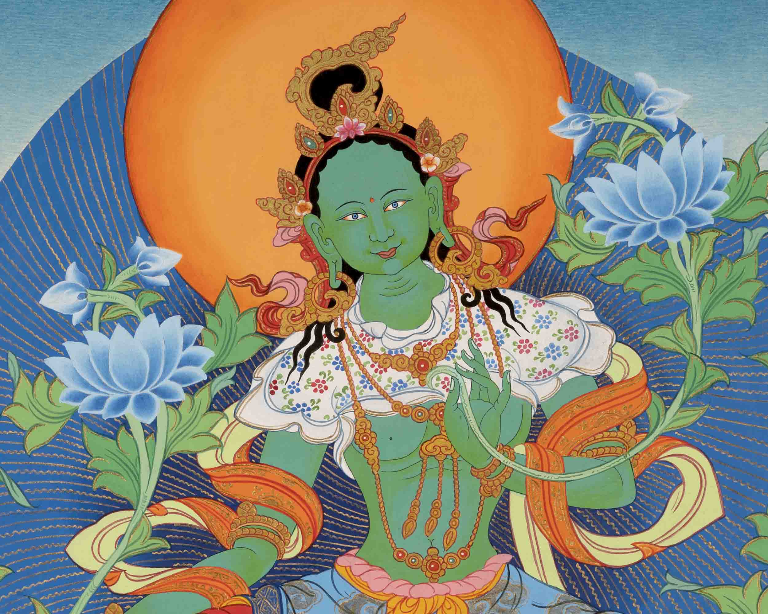 Healing Female Deity | Green Tara Thangka | Wall Decors