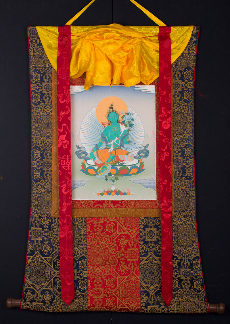 Green Tara Brocade Thangka | Female Bodhisattva | Awakened Buddha